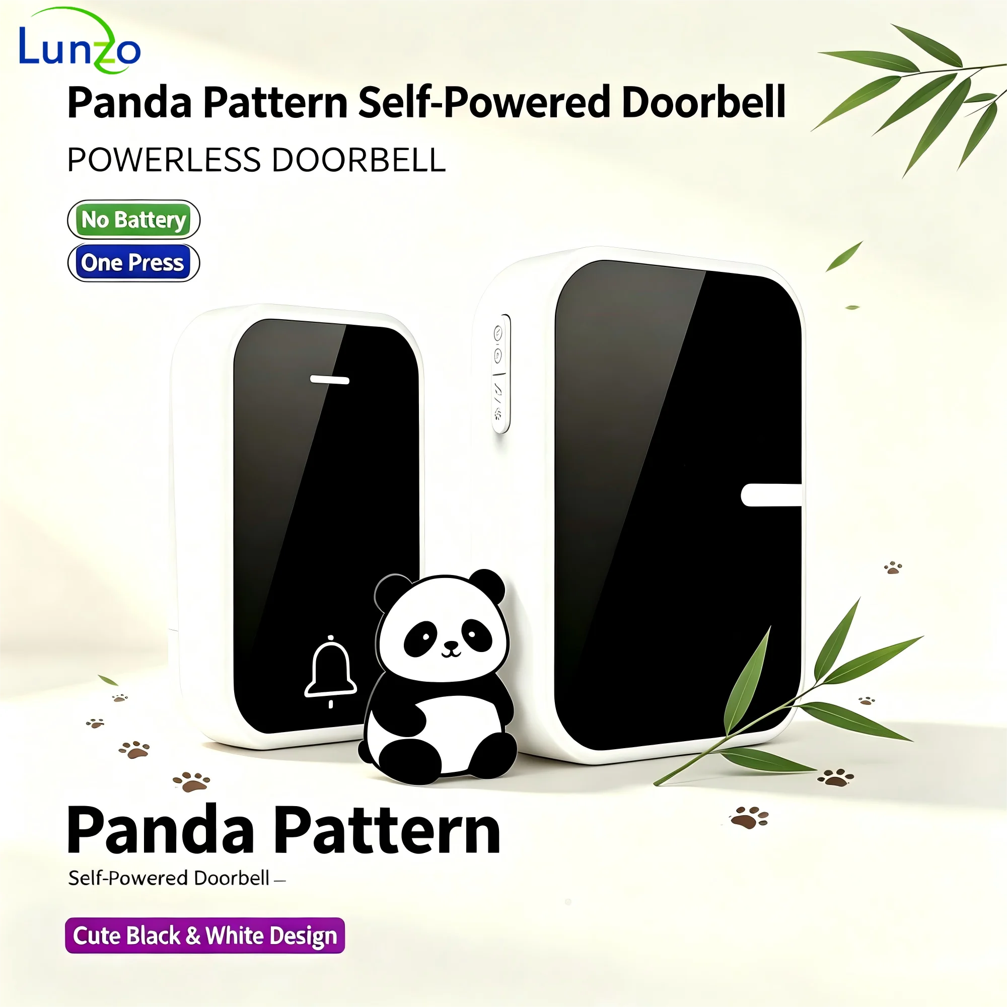 Self-Powered Wireless Doorbell Panda Design No Battery IP55 Waterproof 150M Range Adjustable Volume Home Door Chime