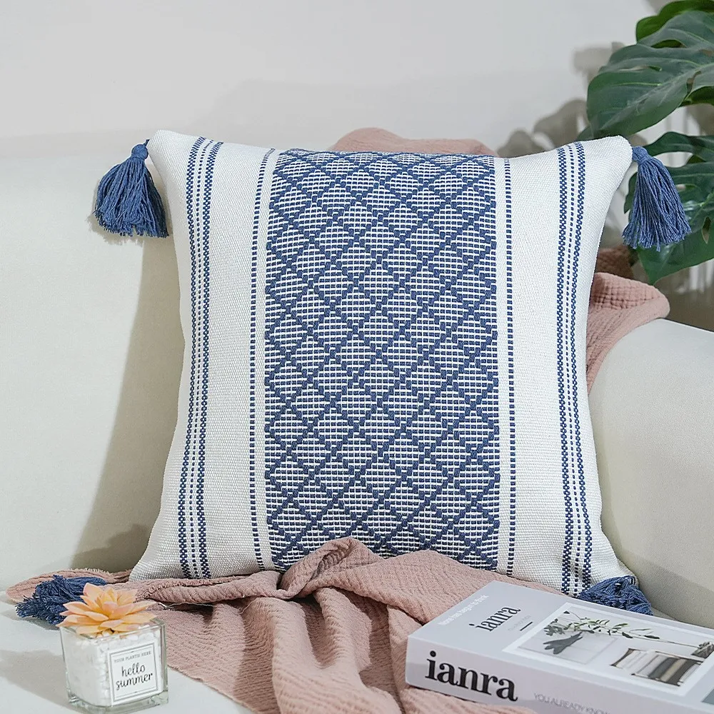 Tassel Woven Pillow Covers Boho Chic Decorative Throw Pillowcase in Natural White Light Beige Linen-Like Polyester