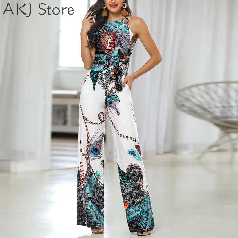 

Spaghetti Strap Peacock Print Jumpsuit Printed Long Overalls Playsuit Beach Wide Leg Pants Romper