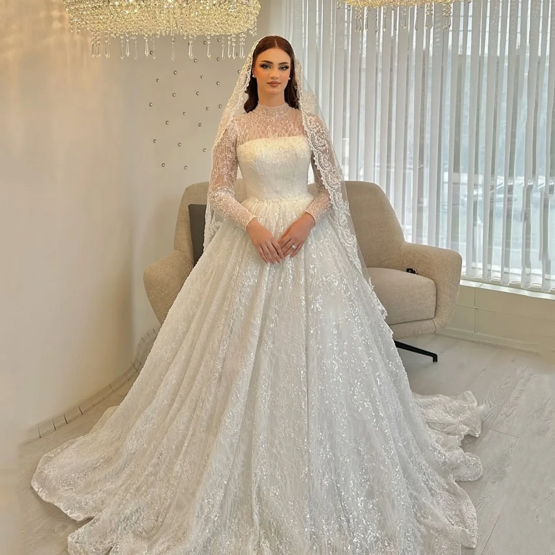 

Elegant High Collar Shining Ball Dress Phantom Lace Long Sleeve A-line Princess Wedding Dress Luxury Bride Dress Customized