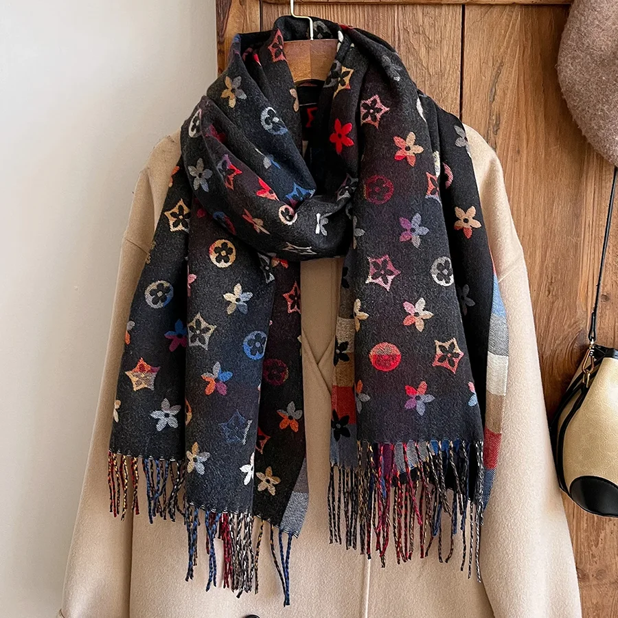 

Модный льняной платок из искусственного кашемира со звездами и цветами, длинный шарф с двойными сторонами, женский осенне-зимний платок, роскошный теплый шейный платок