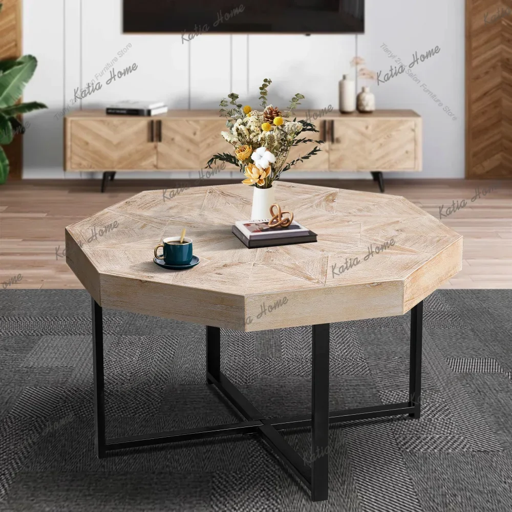 LSWood Octagonal Vintage Patchwork Craft Farmhouse 30 Inch Wooden Table Top Cross Metal Legs Coffee Table Living Room Furniture