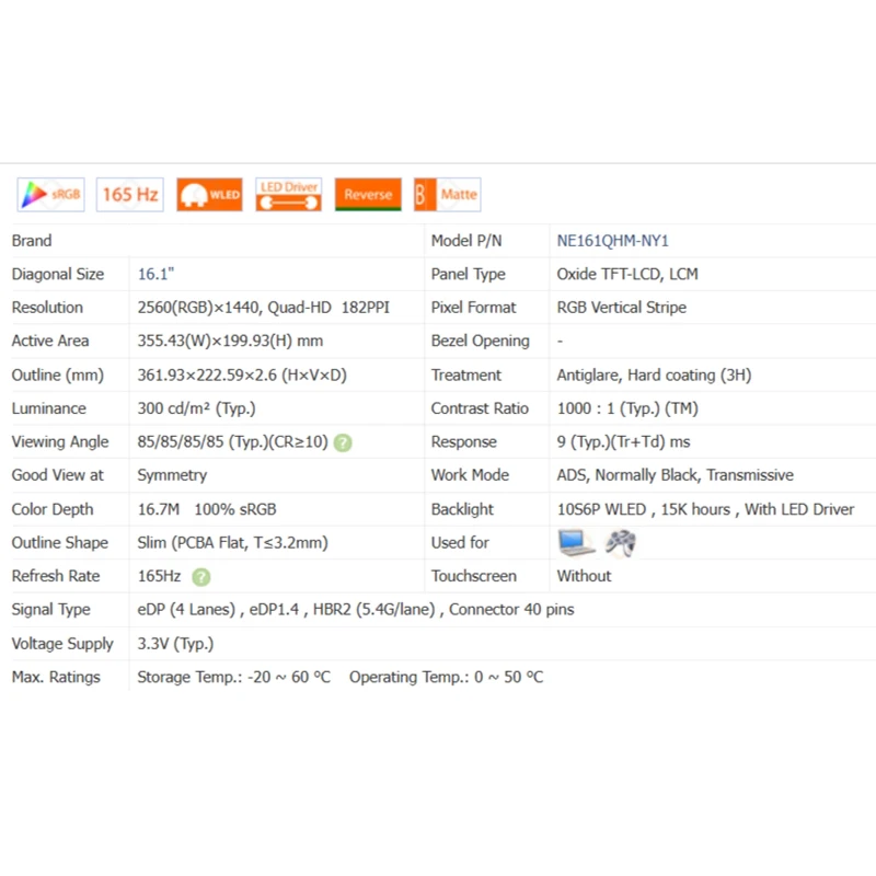 Imagem -05 - Substituição do Painel Lcd do Portátil Ips 16.1 Ne161qhm-ny1 Ne161qhm-nz1 Painel da Matriz da Exposição Qhd 2560x1440 100 Srgb Edp 40 Pinos