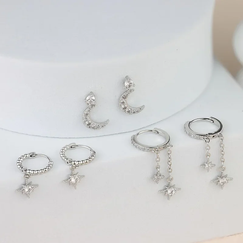 Set di orecchini da 3/6 pezzi per donne e ragazze placcate in oro 14 carati argento luna stella parkling CZ orecchini a cerchio delicati con