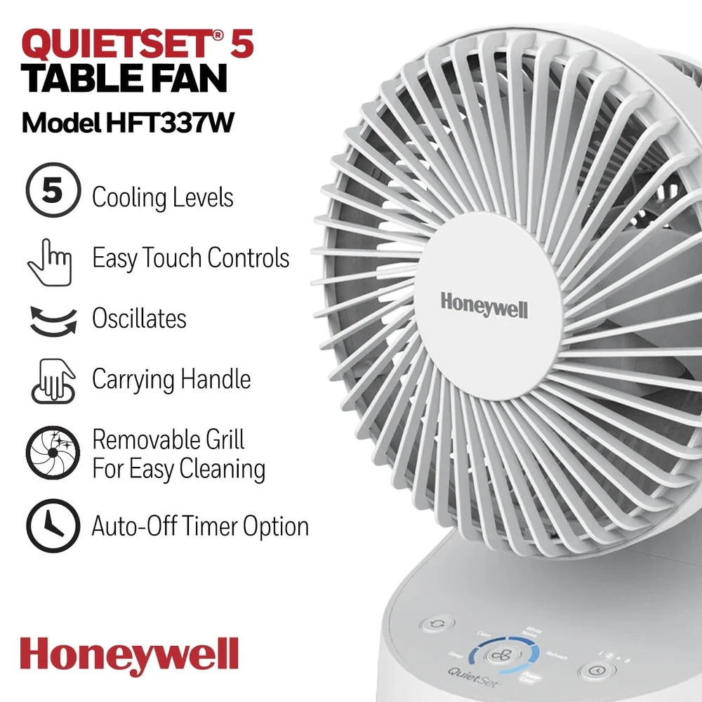 QuietSet 9 Inch Oscillating Table Fan with 5 Speeds Auto Off Timer Quiet Operation Easy Transport Small Room Cooling