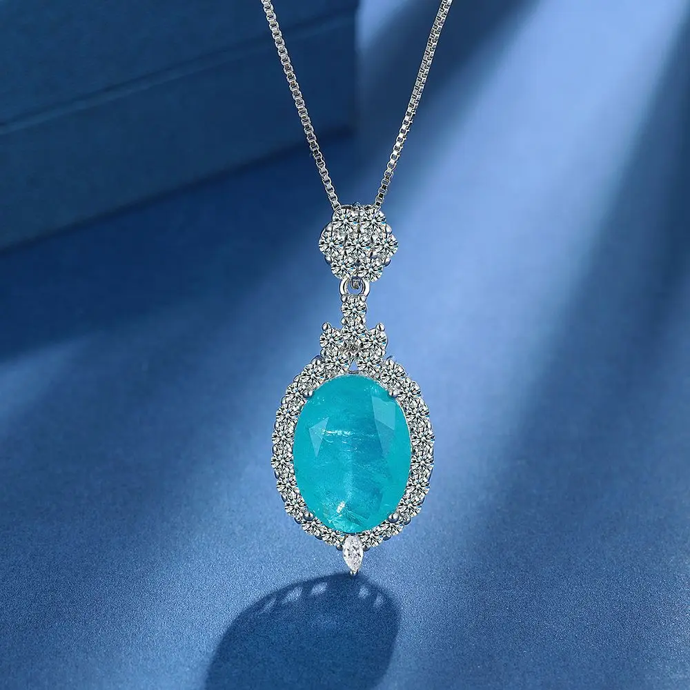 925 Sterling Silver Fashion Luxury Blue Zircon Pendant Necklace Earrings Set Birthday Party Anniversary Gift Ladies Jewelry