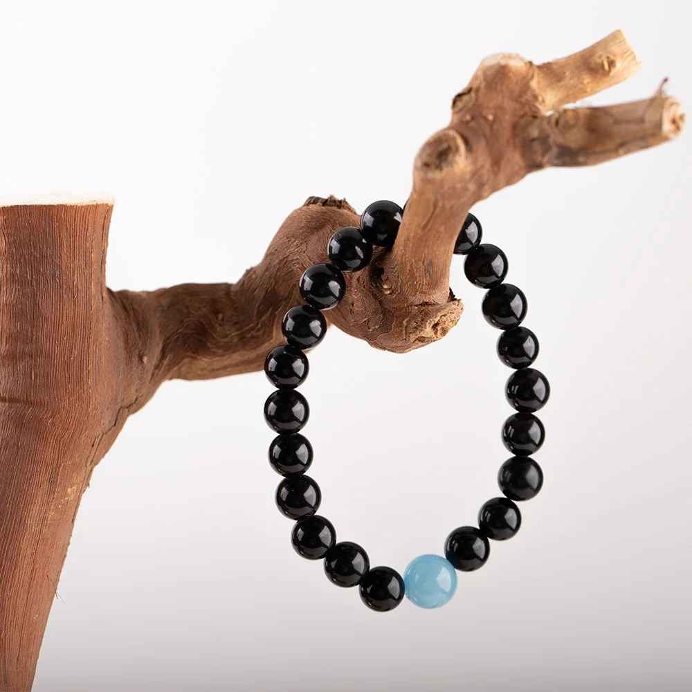 Natural Stone Aquamarine Obsidian Bracelet Bohemian Women Handmade Elastic Rope Beaded Jewelry 18cm 13g