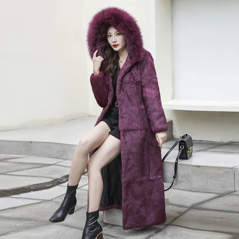 Custom Women's Winter Overcoat Long Sleeves Real Rex Rabbit Fur Genuine Leather Wool Polyester Outerwear Cotton-Filled Parka