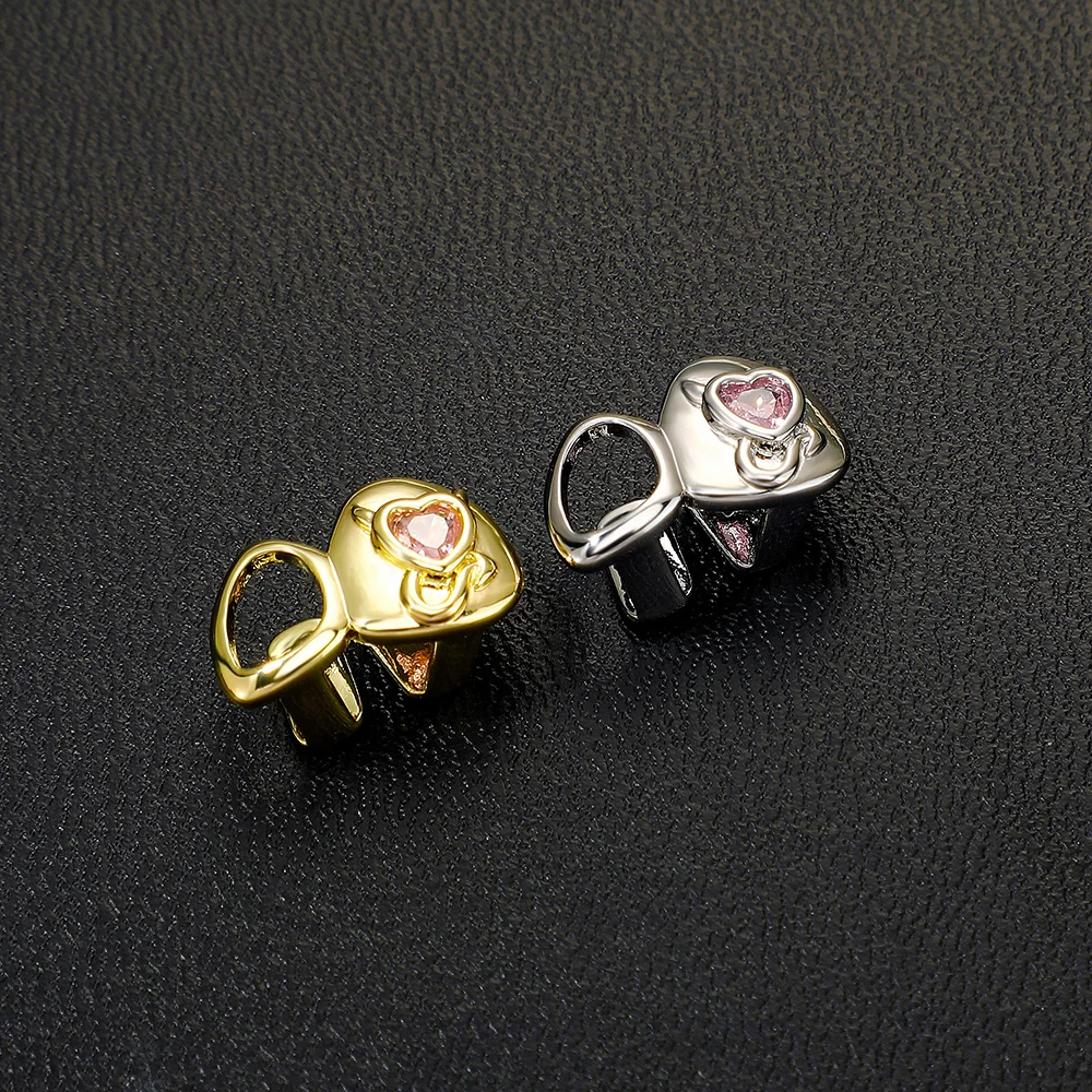 TOPGRILLZ Devil Heart Pink CZ Grillz Y2K Single Tooth Caps Hollow Frame Hip Hop Decorative Teeth Helloween Jewelry Men Women