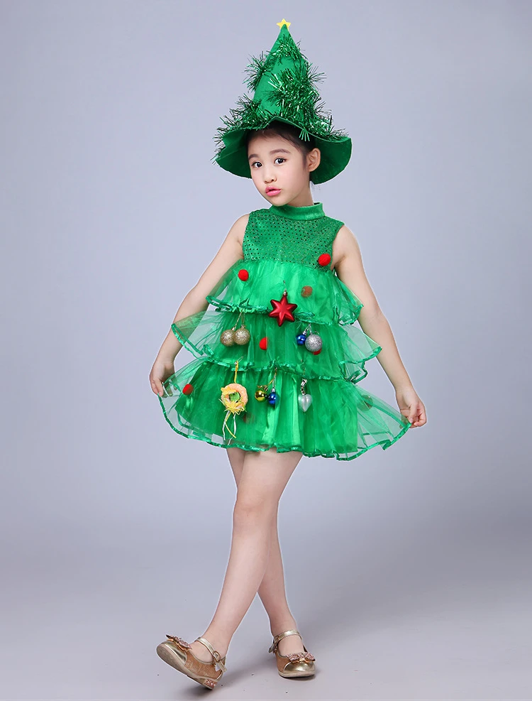 Kids Christmas Tree Dress Up Outfit Tiered Green Sequin Dress With Xmas Hat For Pageant Show