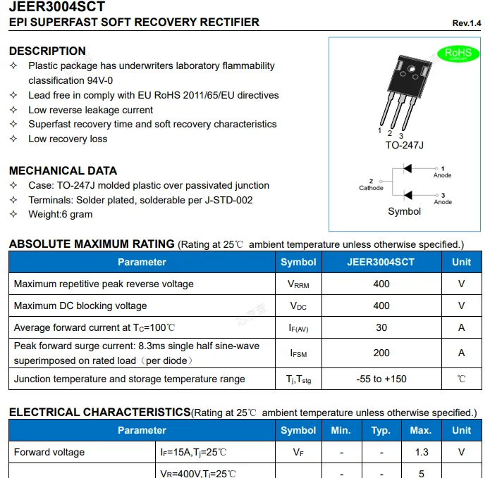 (10 pcs) JEER3004SCT TO-247-2L R3004SCT Hyperfast Recovery Diode 400V 30A 25ns