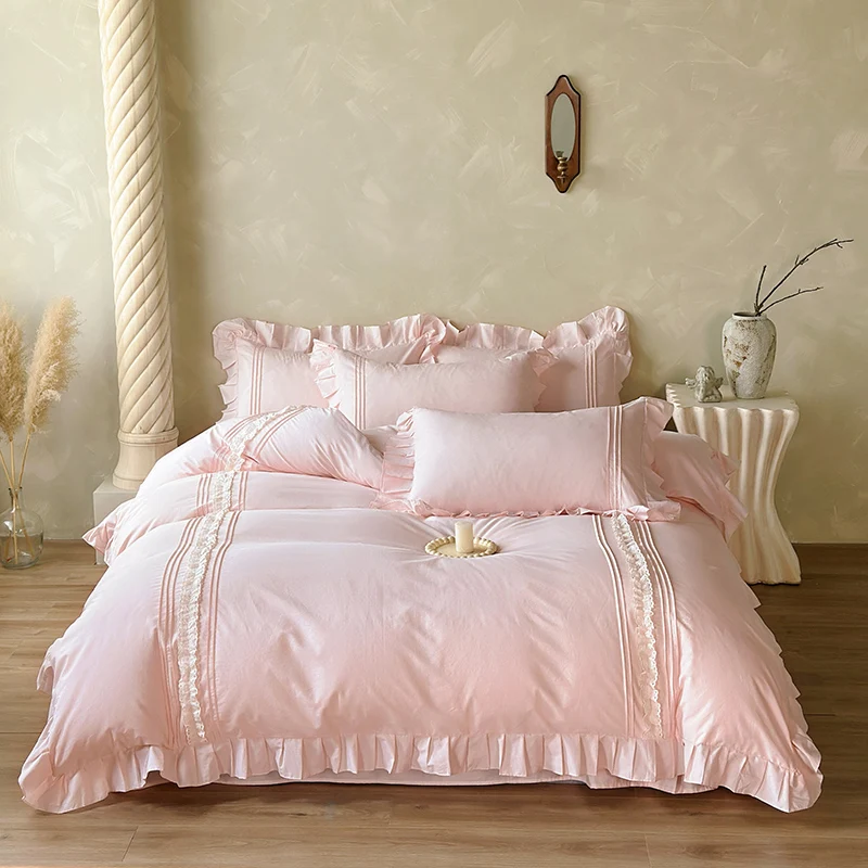 Pink 100% Cotton French Princess Style Ruffles Queen King Size Bedding Set Duvet Cover Flat/Fitted Bed Sheet Pillowcases 4Pcs