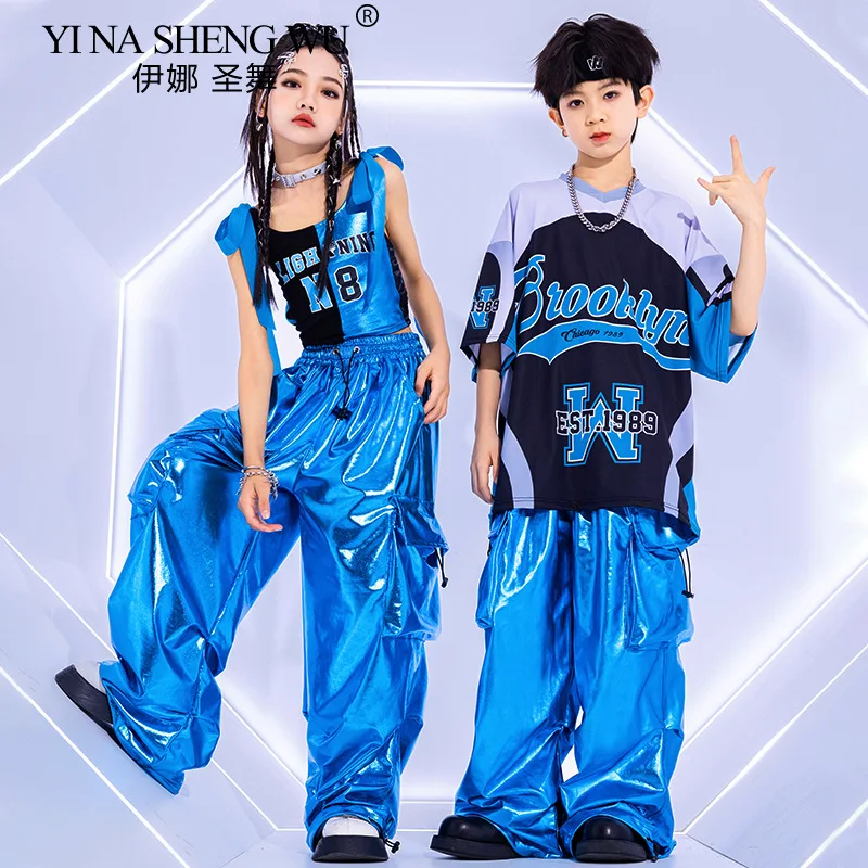Kinder Jazz Mode Kleidung Cool Bright Blue Street Dance Performance Kostüm Jungen Mädchen Hip Hop Oversize Tops Hosen Dance Wear