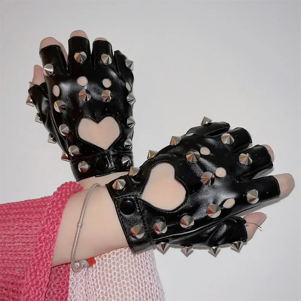 2024 Punk Rivet Y2K 2000s Hot Girl Fashion Black Leather Gloves Female Love Hollow Out Motorcycle Locomotive Gloves  Accessories