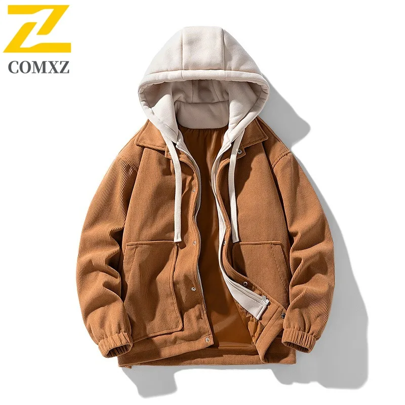 

COMXZ Men Leisure Jacket Loose Hooded Color Blocking Travel Camping Windbreaker Jacket Multi Pocket Autumn Jackets Streetwear