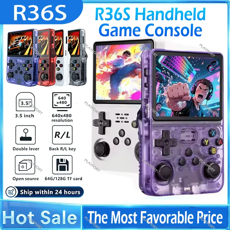 Console de Jogo Portátil Retro R36S com Tela IPS de 3,5 Polegadas, Dispositivo de Jogos Portátil com 64GB e 128GB de Jogos Integrados