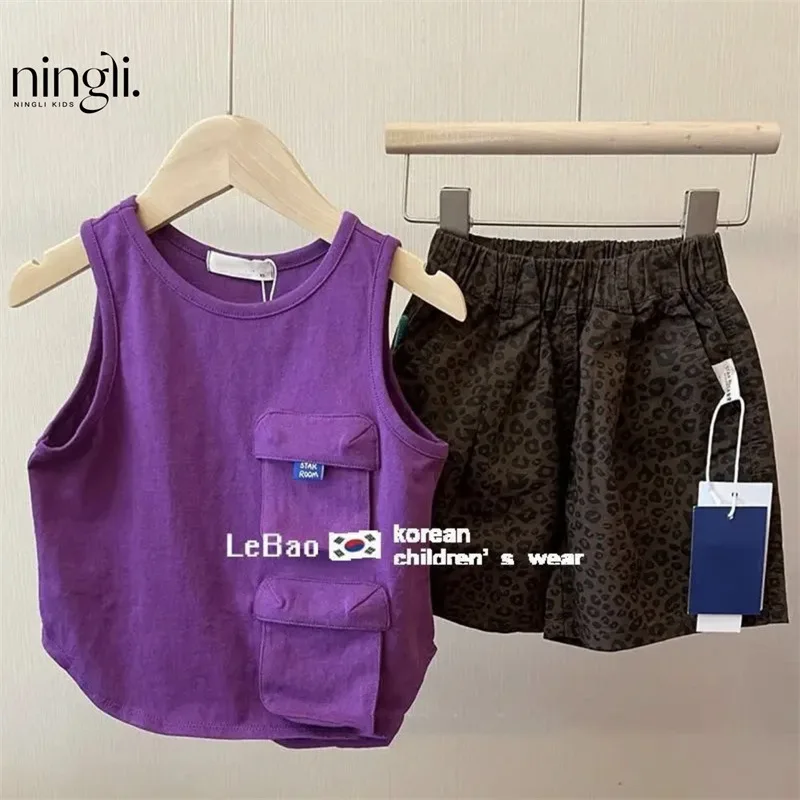 

Girls' Summer Suits Children's Handsome Fashionable Leopard Shorts Baby All-Match Purple Vest Two-Piece Set