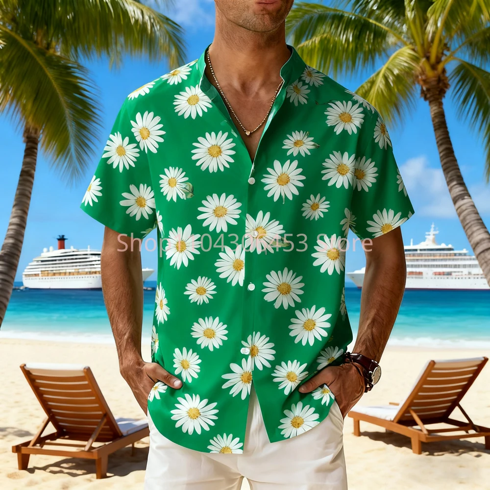 Men's 8-color Natural Leaves Flowers 3D Printed Short-sleeved Lapel Hawaiian Beach Vacation Thin Breathable Casual Shirt Top