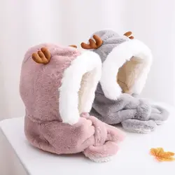 Winter Beanie Hat Scarf for Baby Integrated Ear Protection Windproof Cap Scarf for Kids Plush Neck Warm Ski Windproof Hat