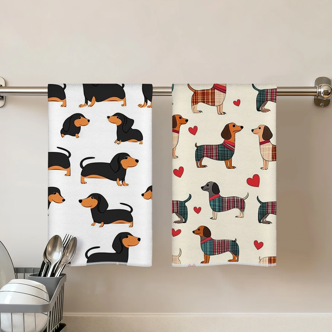 

2 кухонных полотенца с принтом таксы, из полиэстеровой махровой ткани, впитывающие, для кухни, ванной комнаты, домашнего декора