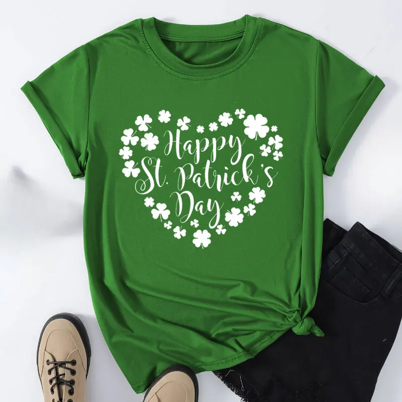 St. Patrick's Day Four-leaf Clover Cotton T-Shirt Casual Fashion Short Sleeve Tshirt for Spring & Summer Women's All-Match Tops