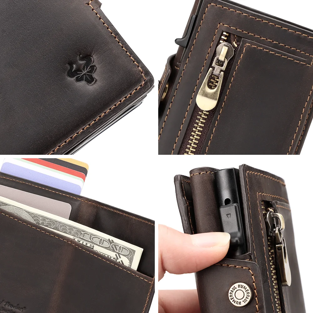 HUMERPAUL Men Card Holder with Money Pocket Crazy Horse Leather Pop Up Minimalist Wallet RFID Blocking Slim Metal Bank Card Case