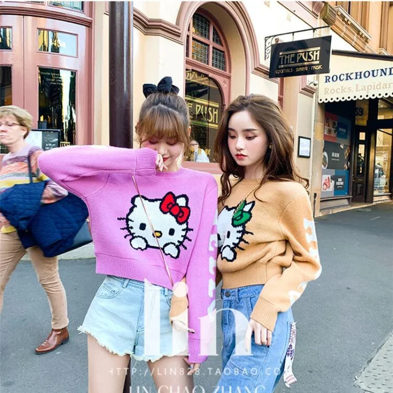 Sanrio primavera autunno maglione Kawaii Hello Kitty Cartoon Print Lolita Girl Pullover Harajuku maglione lavorato a maglia da donna a maniche lunghe