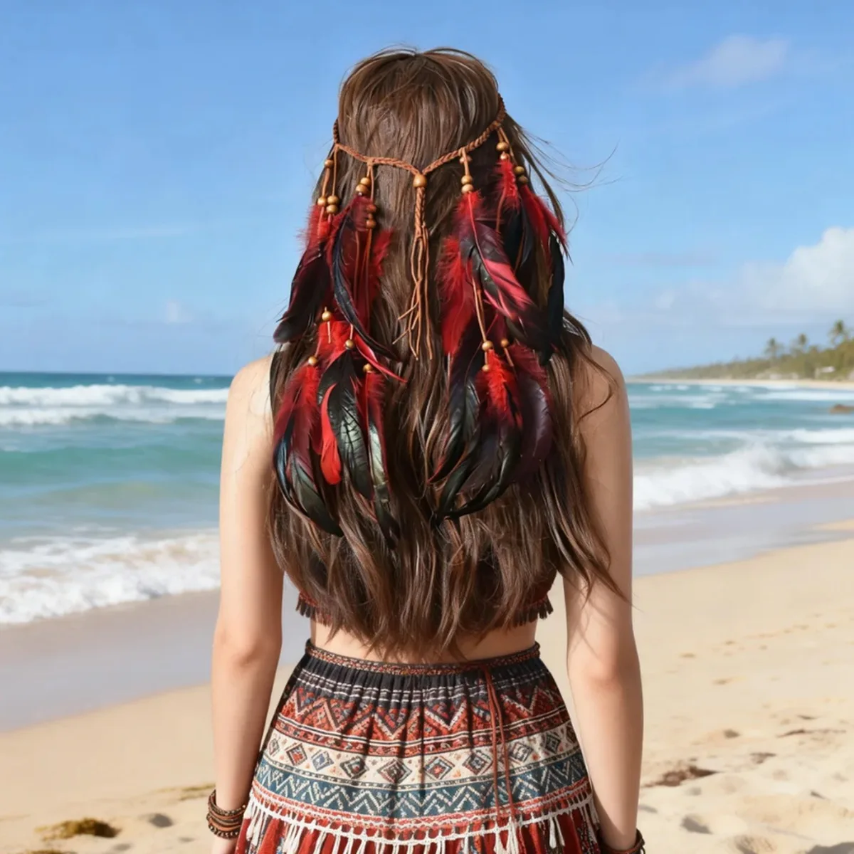 Bohemian Feather Headband with Beads, Adjustable Hippie Hairband, Stylish Boho Hair Accessory for Festivals, Cosplay & Parties view 3