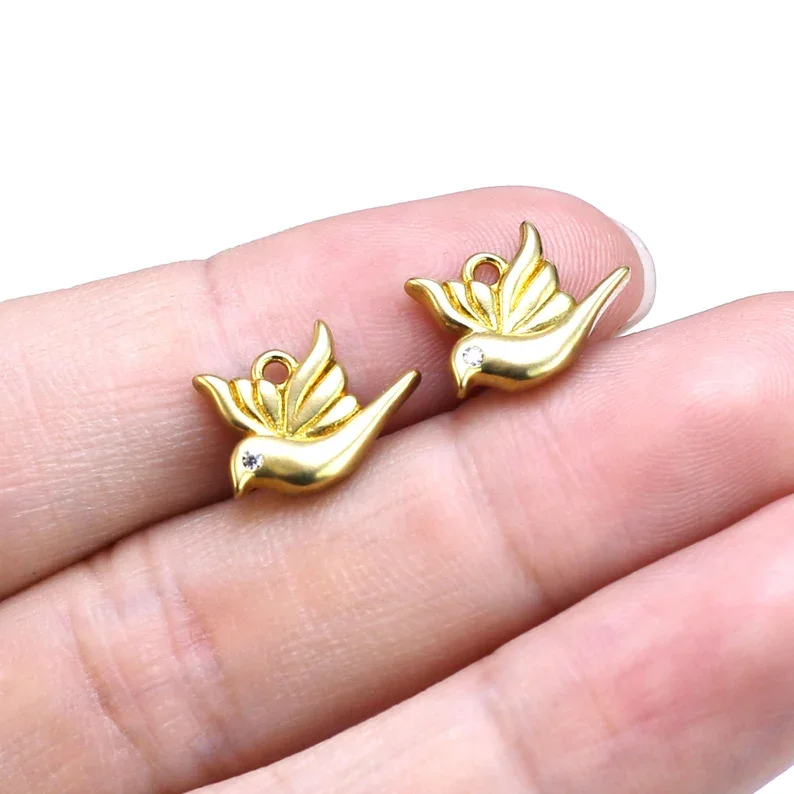 

6pcs CZ Peace Bird Charms, Brass Bird Charm, DIY Jewelry Making, Necklace Pendant, Earring Findings, 10x13.8mm R2601