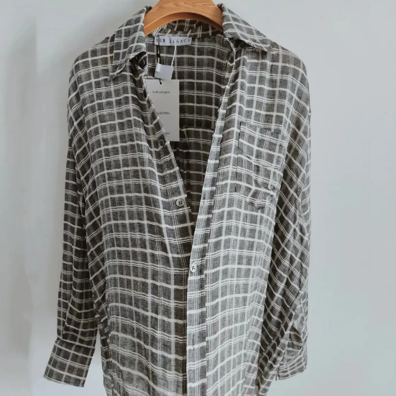 

25ss Fashion Paris Street Bubble Folds OUR LEGACY Shirts Texture Casual Loose Black Grid Long Sleeved Tops Men Women Cleanfit