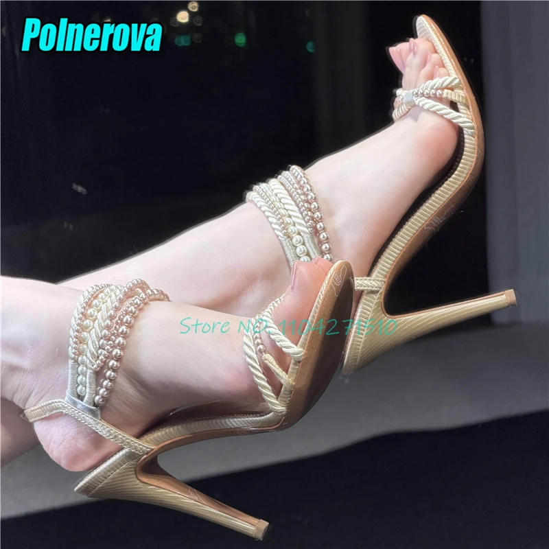 Elegant Pearl Chain Stiletto Sandals Luxury Open Toe Weaving Straps Ankle Buckle High Heels Fairy Party Banquet Wedding Shoes
