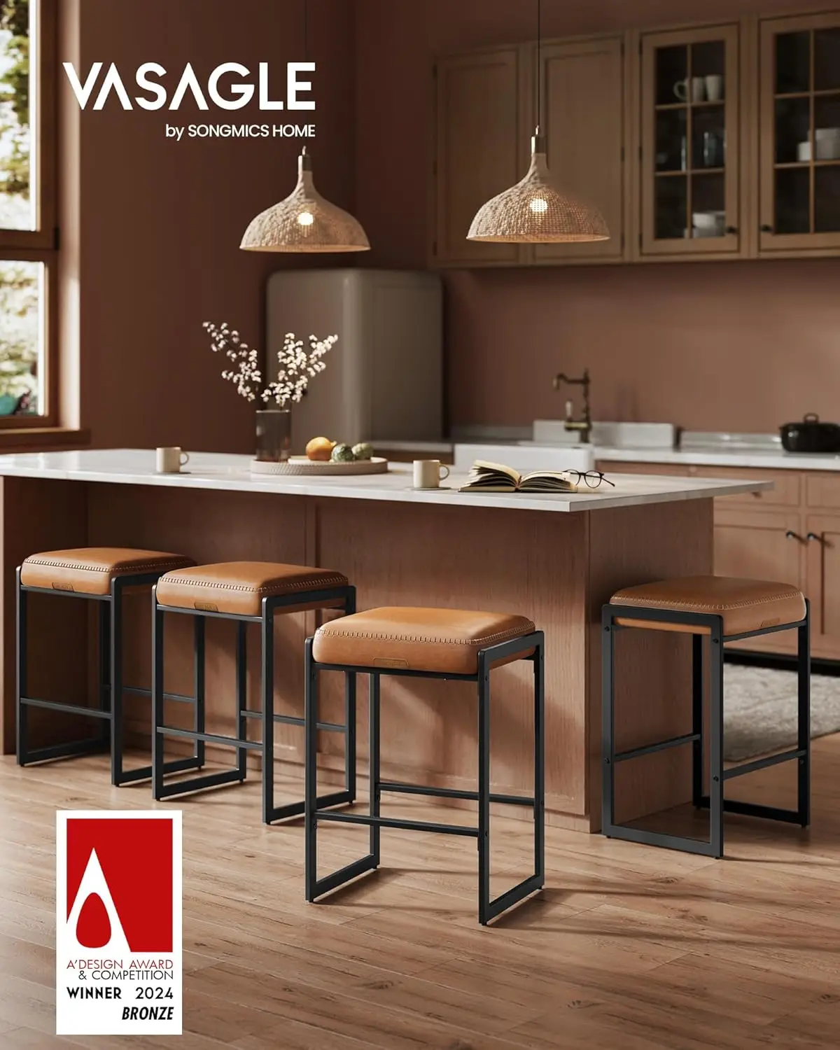 مجموعة مقاعد بار مكونة من 2، مقاعد بار بارتفاع عداد، جلد صناعي مع خياطة، مقاعد مضادة حديثة في منتصف القرن