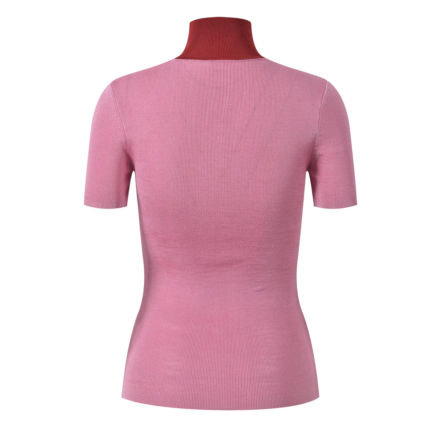Pink Women's Knitted T-Shirt Half Turtleneck Slim Fit Short Sleeve Contrast Color Summer 2026 Lady Tee