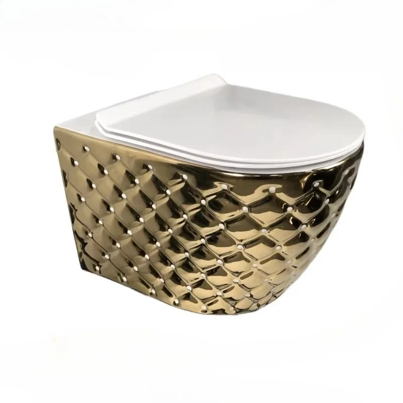 Sanitary Ware Luxury Royal Gold Plated Ceramic Hung Toilet Wall Mounted Toilet Seat Wall Hung Wc Toilet with Bidet Set
