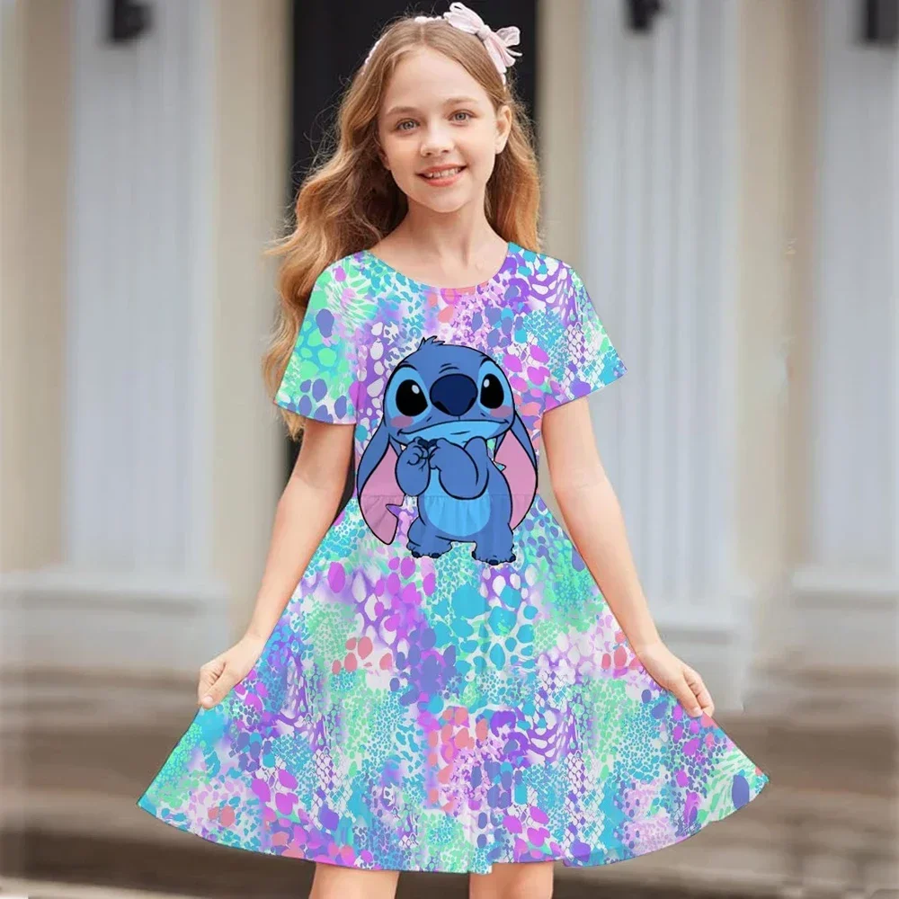 

Disney New Stitch Cartoon Fashion Girls 3D Printing Cute Childrens Comfortable Summer Popular Short Sleeve Dress for Kids