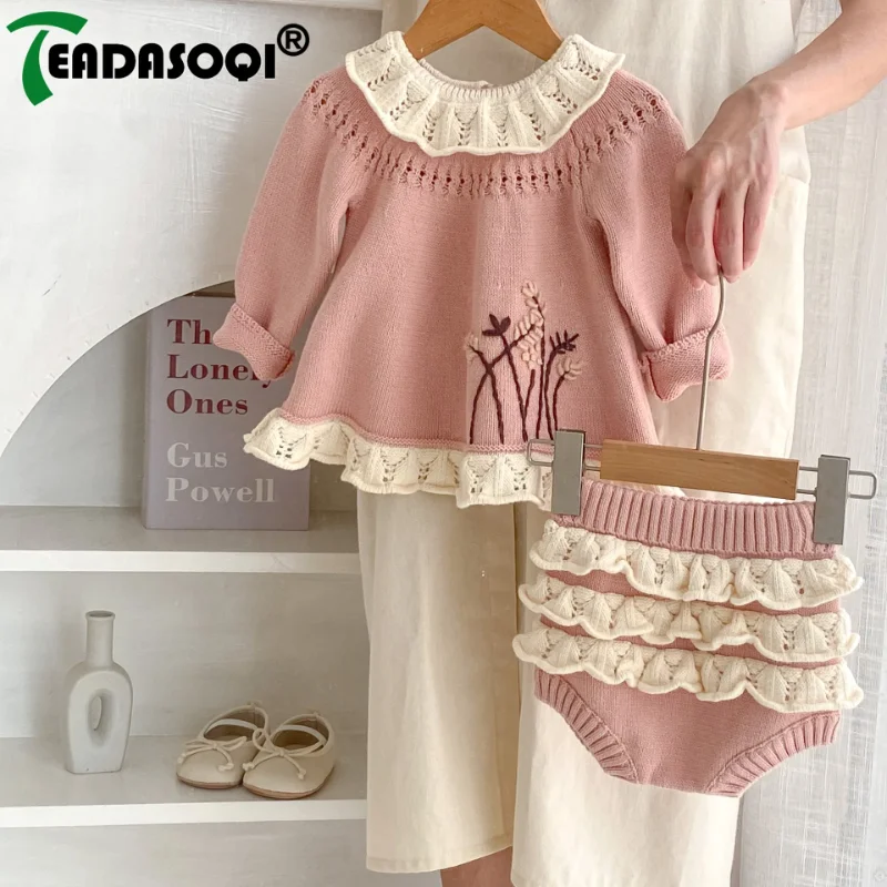 

2024 Autumn Clothing Baby Princess Infant Kids Girls Full Sleeve Ruffles Knitted Patch Top Sweater + Shorts Newborn Toddler 0-3Y