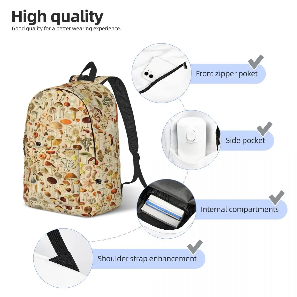 Vintage Mushroom Teenage Backpack Outdoor High School Business Poisonous Mushroom Artwork Daypack Men Women Laptop Canvas Bags