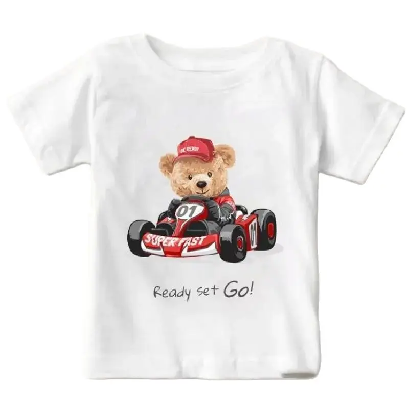 Cute  Bear Riding Car Print Boys And Girls White T-shirt Children's Summer Harajuku  Funny Baby  Clothes Children Tops