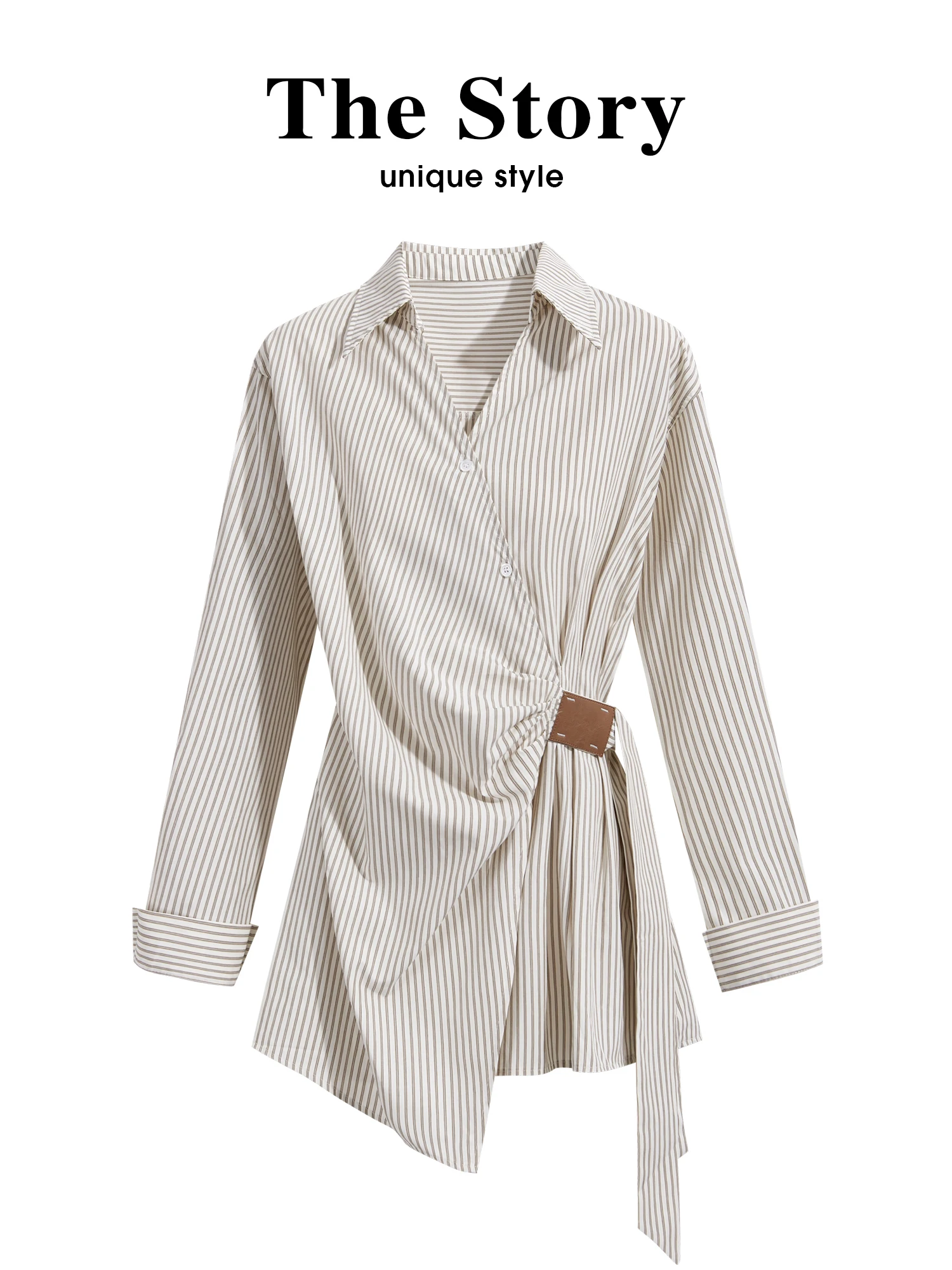 Early Autumn New Women's Striped Shirt Irregular Belted Waist V-Neck Long Sleeve Design Sense Korean Style Commute Wind