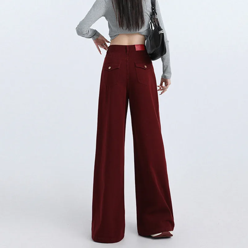 #2025 Red Black Wide Leg Jeans Women Lengthen Loose Streetwear Boyfriend Denim Jeans Femme High Waisted Women's Jeans High Waist