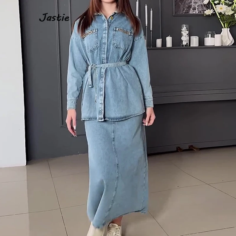 Spring Water Wash Denim Belt Shirts And Long Skirts Sets Casual Retro Dress Of Sets 2024 New Button Blouse Fall Women Outfits