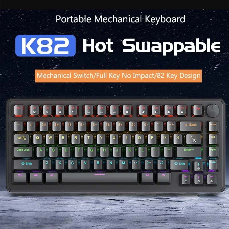 Multifunctional Knob Mechanical Keyboard, 75% layout 82 Keys,Full Key Hot Swappable,Cool Backlight,Wired Connection, Windows&Mac