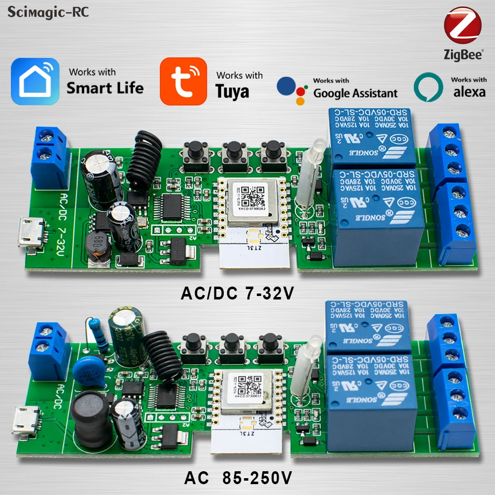 Zigbee-relé de casa inteligente, módulo de 1/2 canales, 85-250V, 220V, CA, cc 12V, 24V, 7-32V, funciona con el asistente de Google Alexa, interruptor de luz inteligente