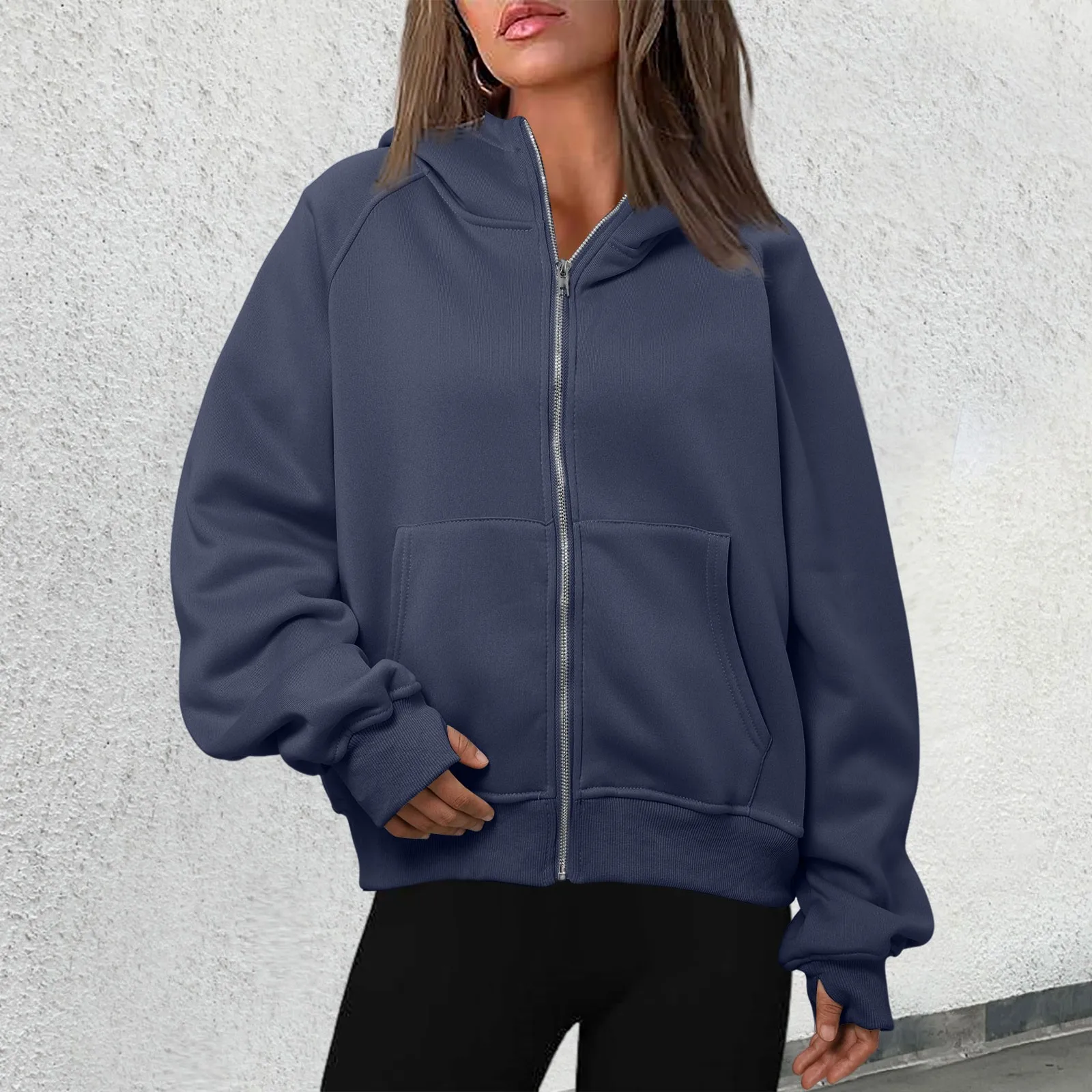 

Women's Loose Hoodies Solid Color Simplicity Hooded Cardigan Zipper Sweatshirt Autumn and Winter Long Sleeve Casual Coats