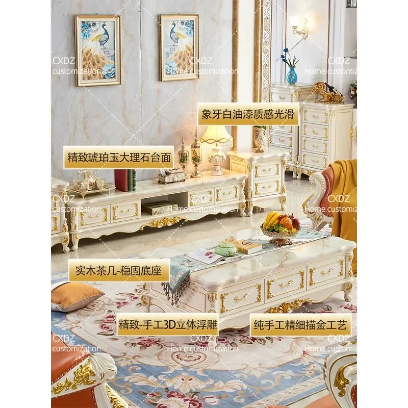 White Marble and Solid Wood TV Cabinet with Gold Accents Simple Storage Floor Unit for Living Room Carved Coffee Table