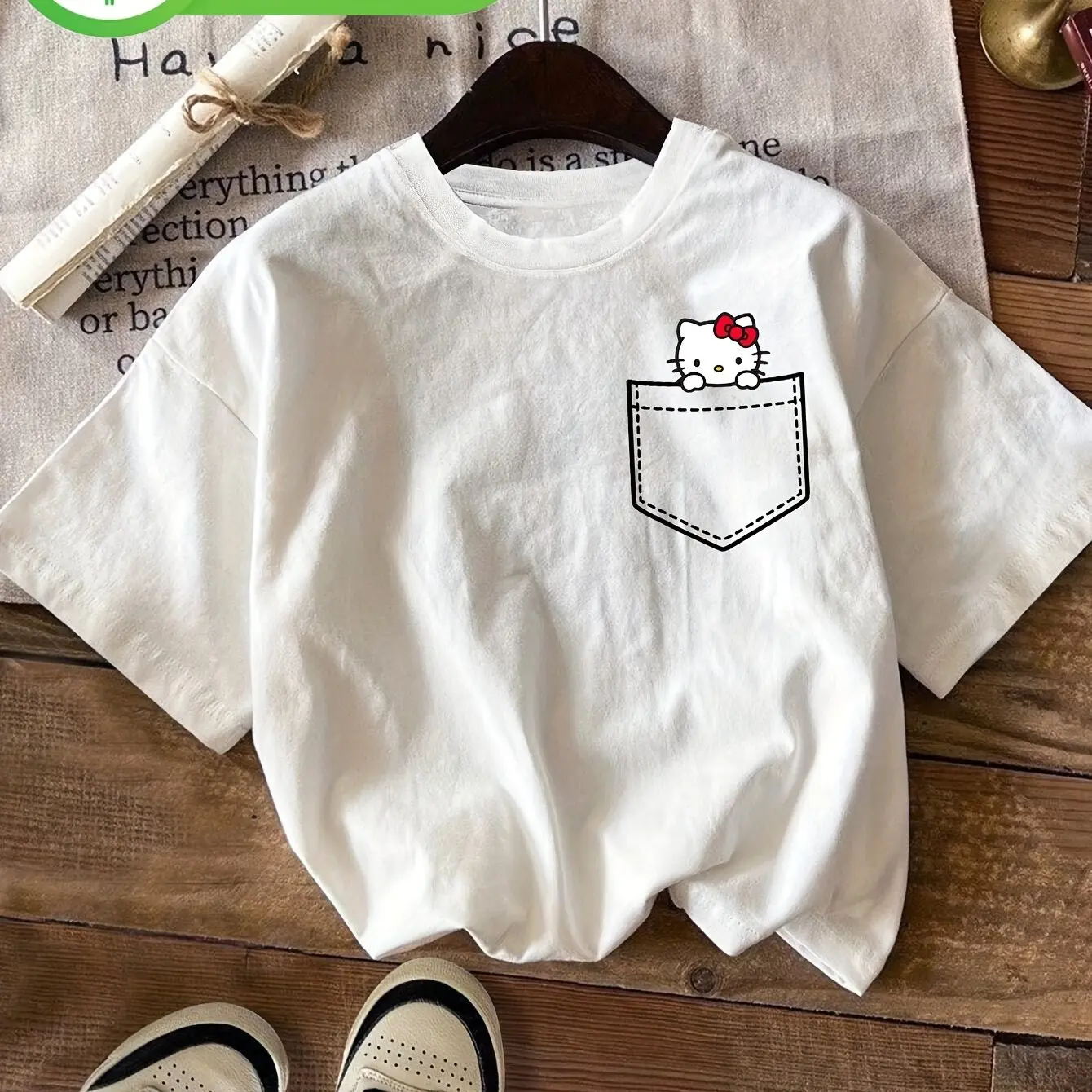 

Super Cute Pocket Chest Katie Cat Print Women's Girls Kids T-shirt Summer Cotton Y2K Loose Casual Versatile Short Sleeved Top