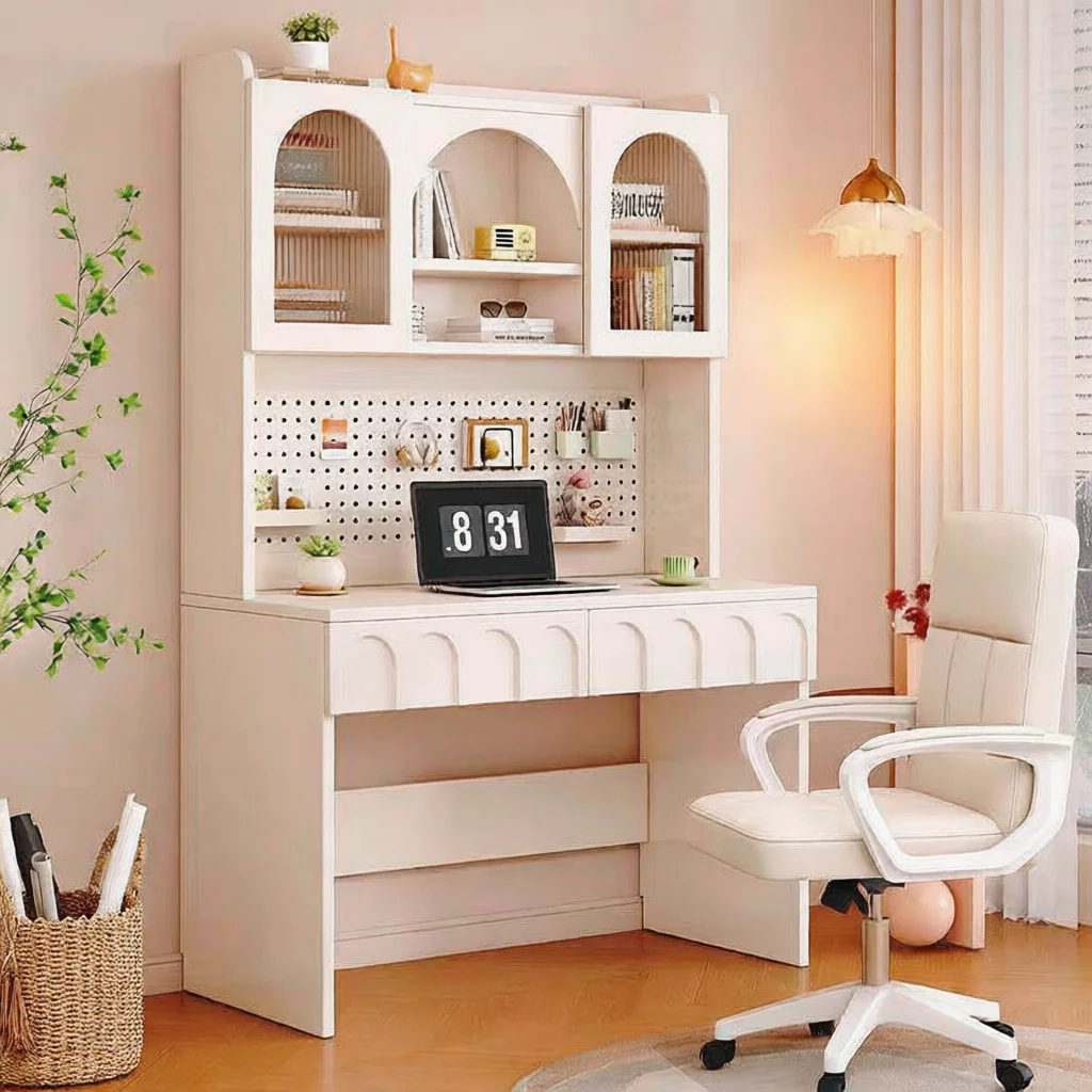 #Modern Luxury Solid Wood Desktop Computer Desk with Bookshelf Simple Student Study Writing Desk for Home Office Bedroom Usage