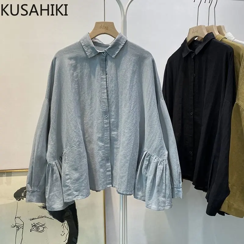 KUSAHIKI Korean Cotton Linen Ruffle Causal Blouse Shirt Women Autumn Long Sleeve Turn-down Collar Blusas Causal Solid Tops Mujer