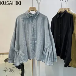 KUSAHIKI coreano cotone lino volant camicetta causale camicia donna autunno manica lunga colletto rovesciato Blusas causale solido top Mujer