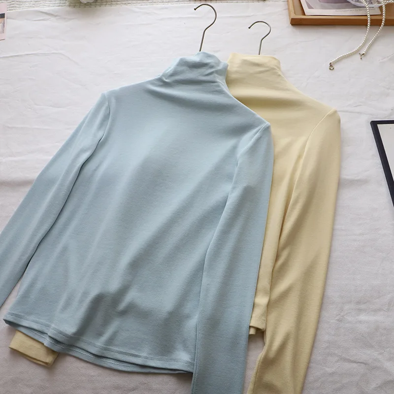 المرأة عالية الياقة Fce اصطف طويل Sve قاعدة irt الأزرق ملابس داخلية تي شيرت لون نقي الدافئة التخسيس الأعلى الكورية Sle #3